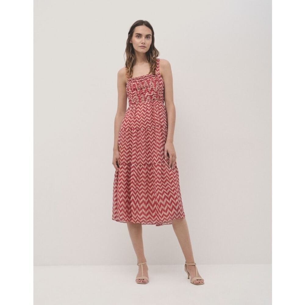 Roberto Verino Strap Midi Dress Raspberry Zigzag Chiffon SZ 8 resort Wear beachy